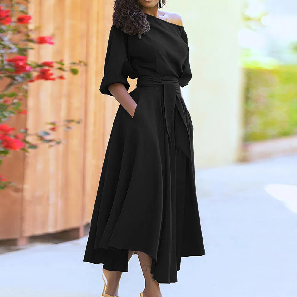 Vestido Casual de Malha Feminino Outono Inverno Vestido Feminino Simples Slim com Cinto na Cintura em Cor Sólida
