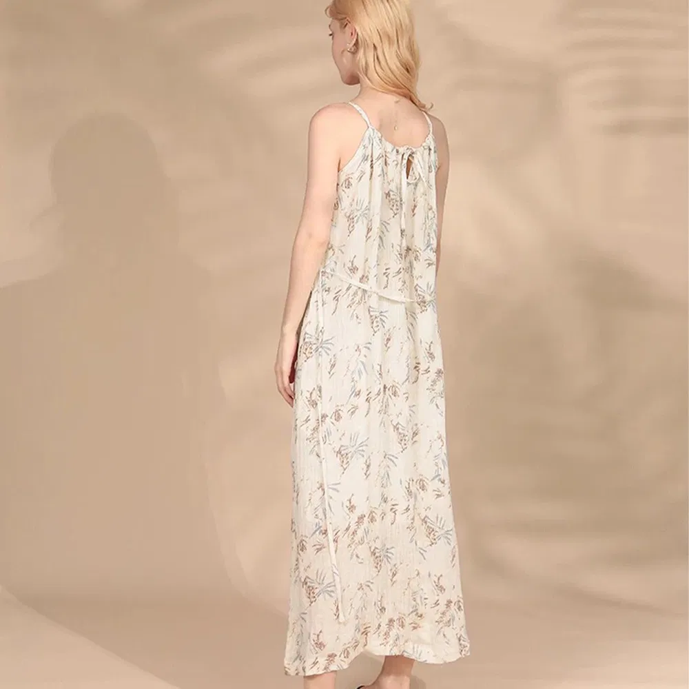 Vestido de Praia Casual Personalizado para Mulheres, Vestido de Alça Sem Mangas, Estilo de Férias de Verão, Sexy, Decote em V, Vestido Midi Floral em Linho