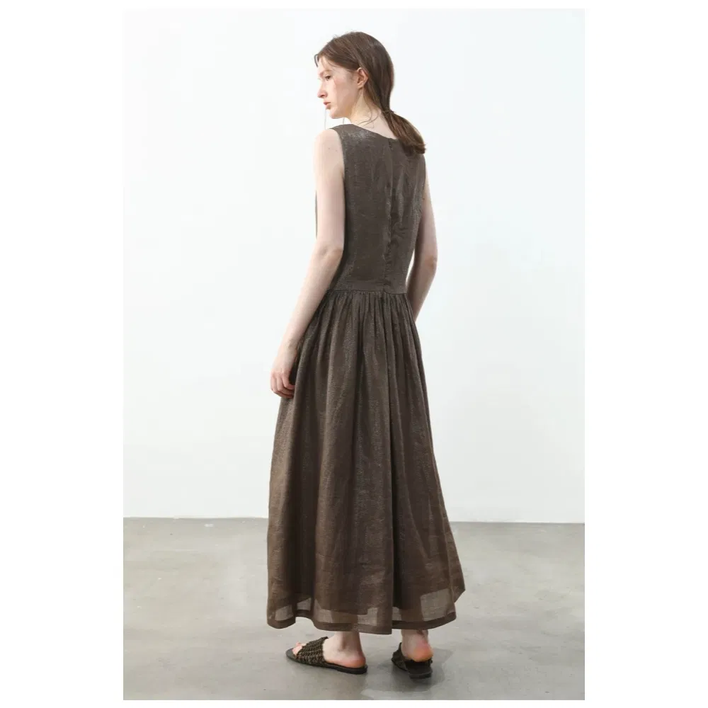 Vestido Maxi Sem Mangas de Linho com Glitter Dourado