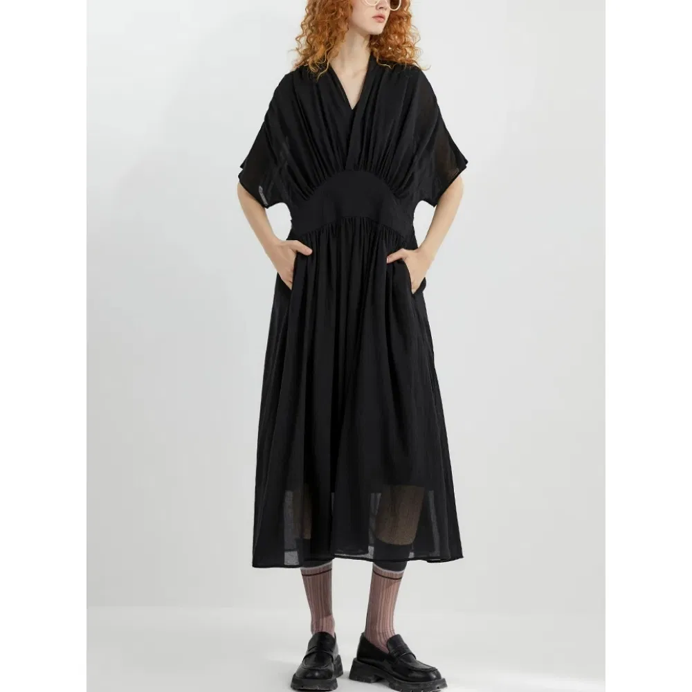 Vestido Preto Básico Feminino de Algodão Personalizado por Atacado, Decote em V, Cintura Ajustada, Elegante, Casual, para Escritório, Trabalho, Commuter, Vestido MIDI de Verão, Algodão Personalizado por Atacado