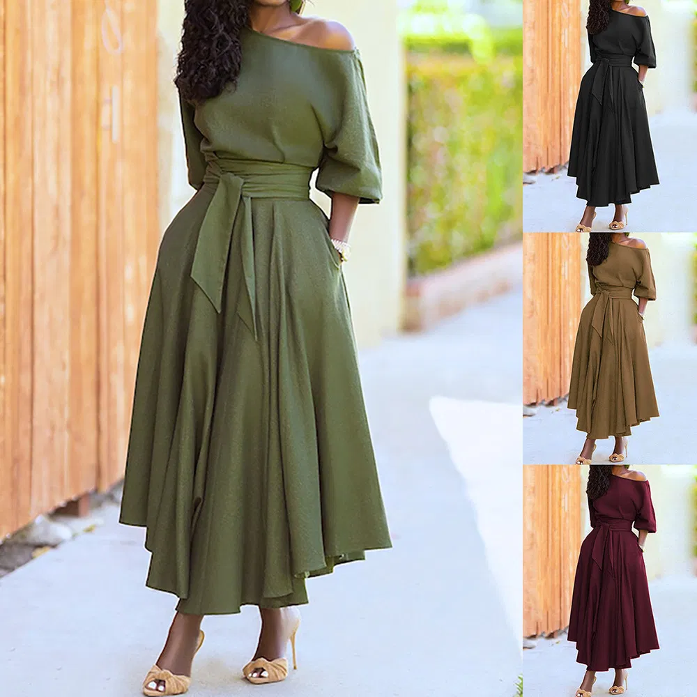 Vestido Casual de Malha Feminino Outono Inverno Vestido Feminino Simples Slim com Cinto na Cintura em Cor Sólida