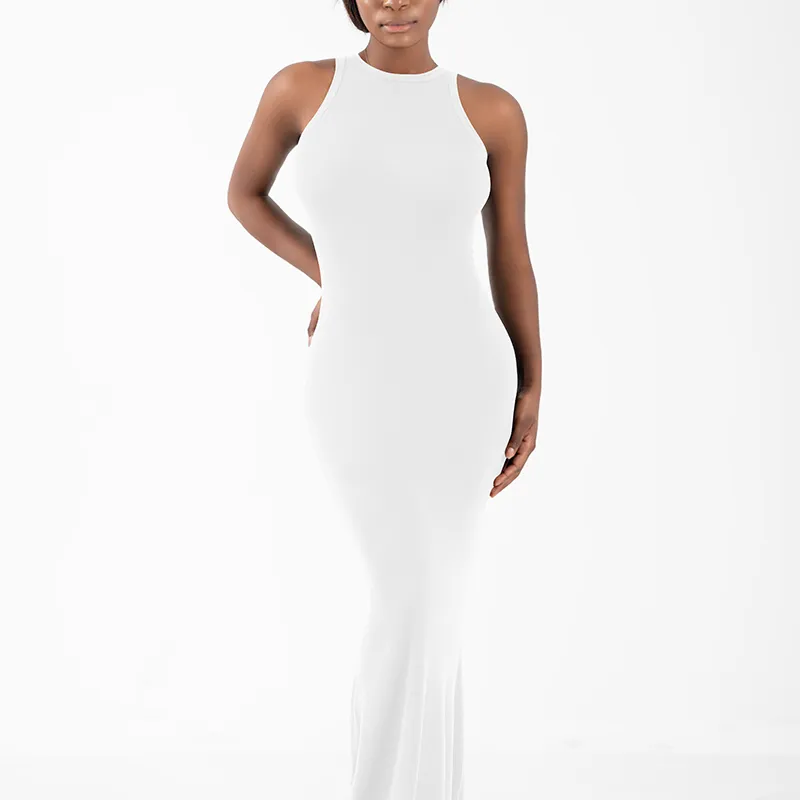 Vestido Maxi Casual Sem Mangas em Malha Ribana para Mulheres
