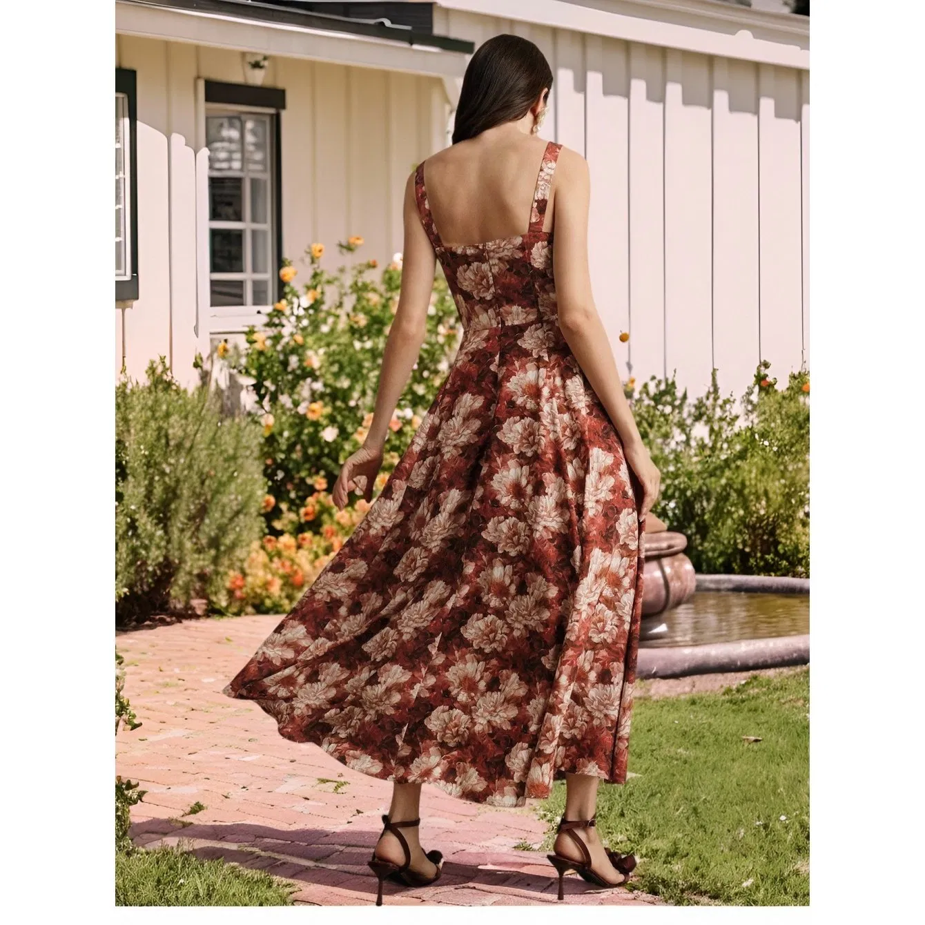 Vestido Cami Floral Rustico para Mulheres, Alça Larga, Decote Quadrado, Costas Descobertas, A-Line, Maxi, Casual, Festa, Praia, Uso em Férias