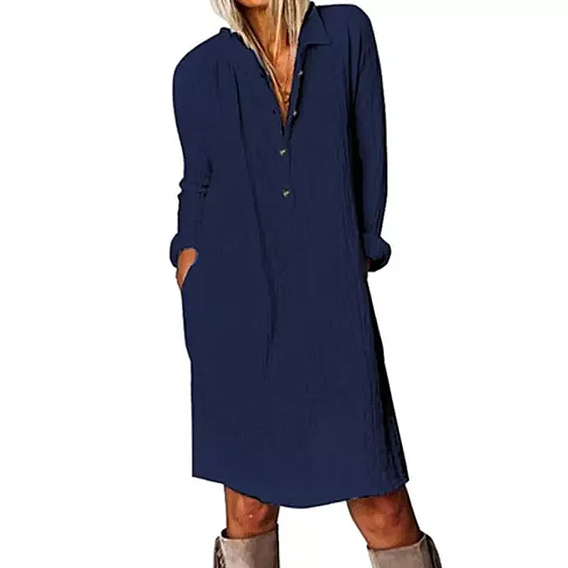 Estilo Quente Primavera Outono Roupas Femininas Novo Vendido Quente Vestido Casual de Algodão Linho com Manga Longa e Lapela com Botão Cor Sólida Europeia