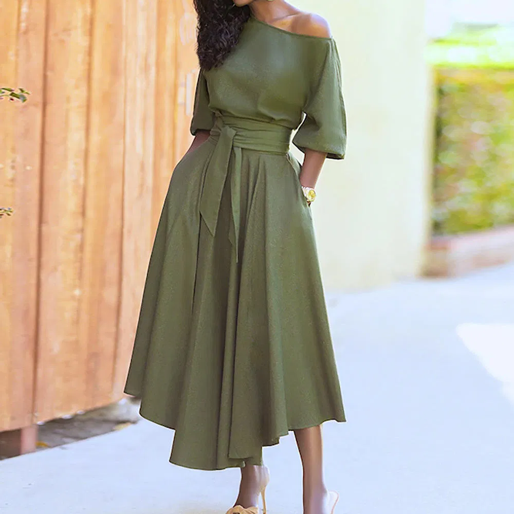 Vestido Casual de Malha Feminino Outono Inverno Vestido Feminino Simples Slim com Cinto na Cintura em Cor Sólida