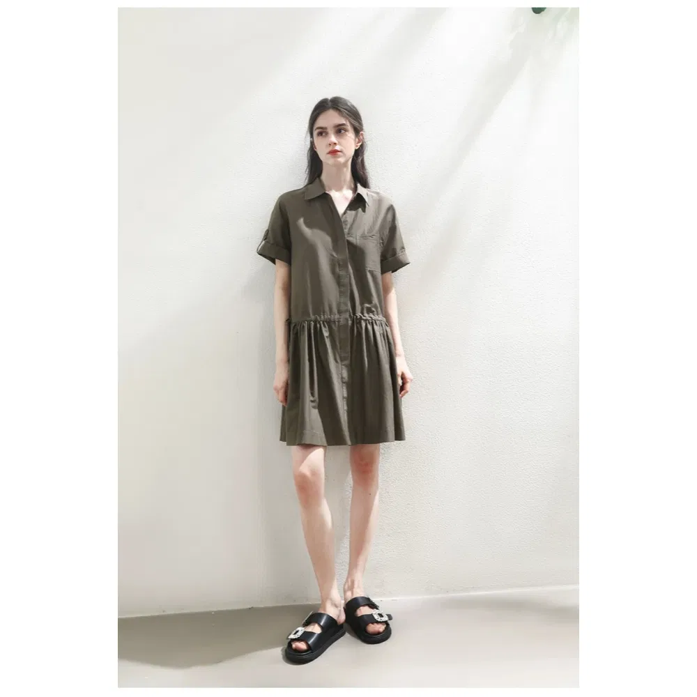 Vestido Midi Casual de Trabalho para Mulheres com Cintura Ajustável em Seda de Algodão de Luxo da China, Estilo Utilitário, Atacado