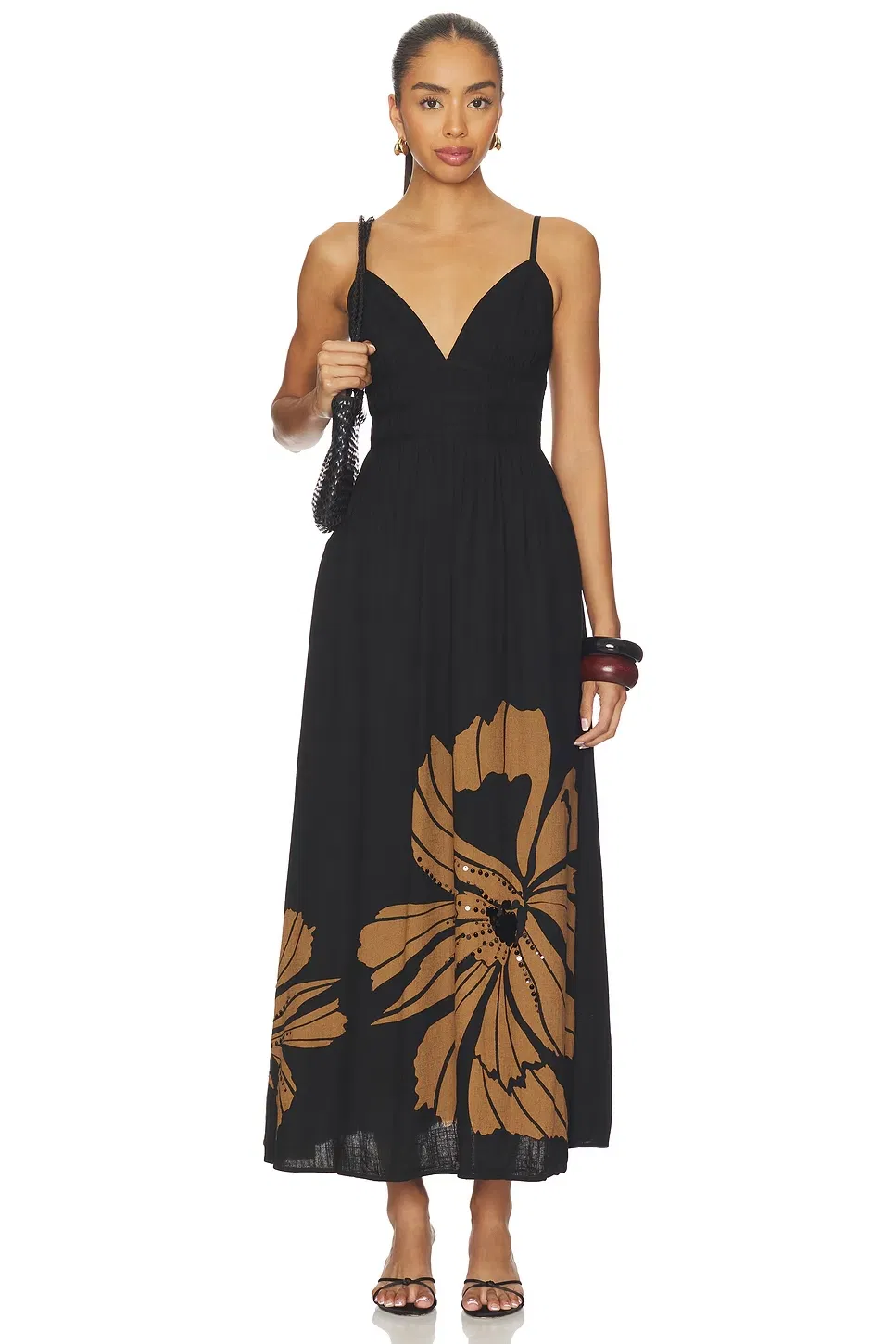 Vestido Midi de Vacança com Alças Finas, Decote em V, Cintura Ajustada, Floral Preto e Marrom, Feminino, OEM