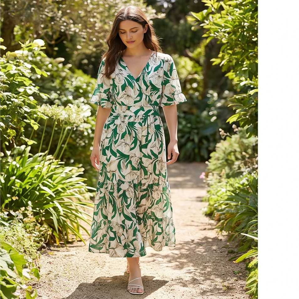 Vestido Midi Floral Verde Feminino com Decote em V, Mangas Curtas e Largadas, Cintura Império, Camadas de Renda, Vestido Longo Casual de Verão, Estampa Boho, Vestido Flowy para Férias