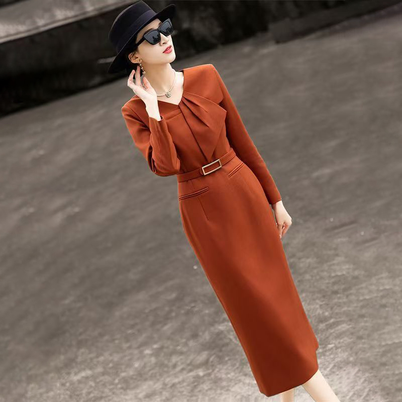 Novo Estilo Elegante Vestido Casual de Negócios Feminino de Manga Longa Laranja Corte Reto