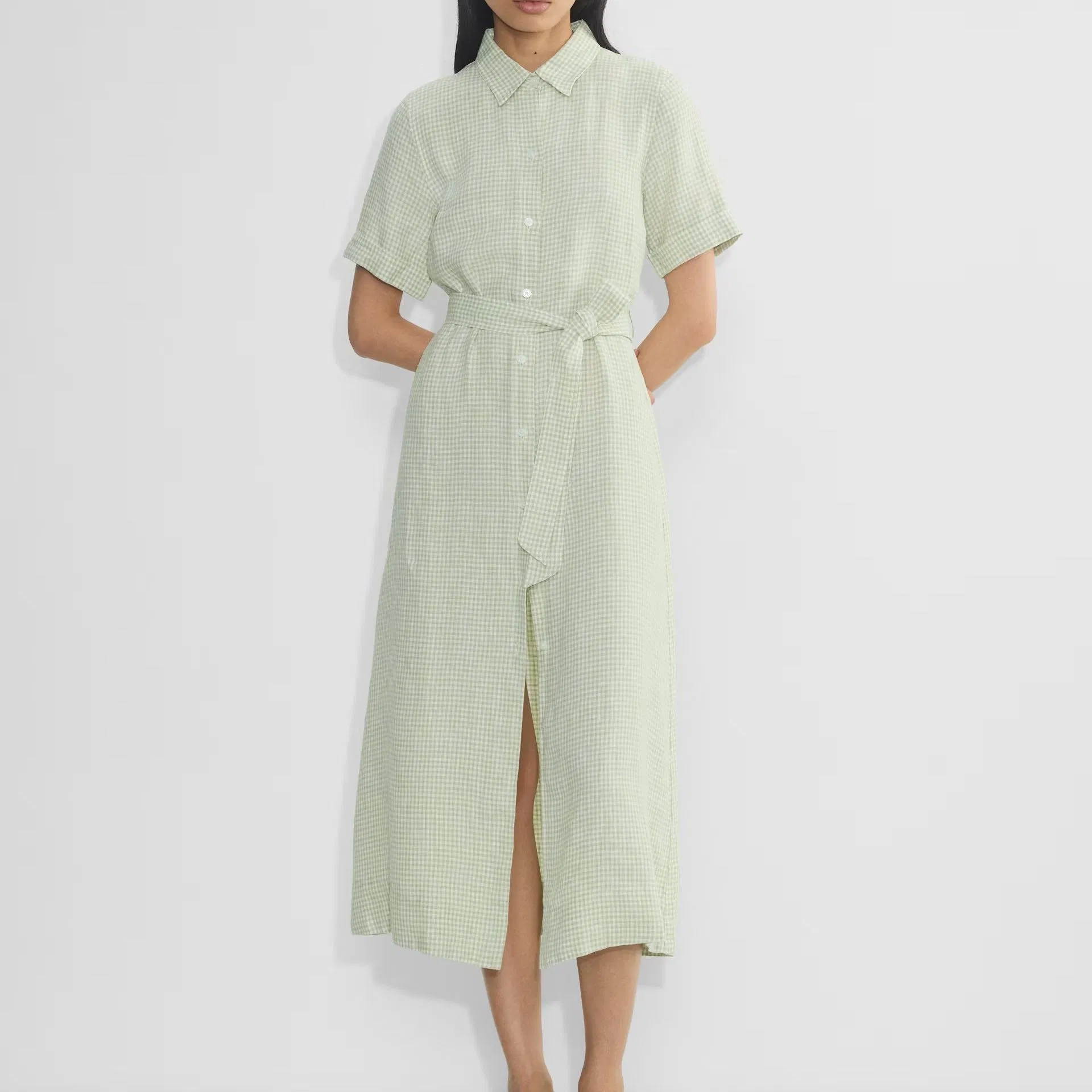 Vestido Casual Longo de Manga Curta com Cintura em Padrão de Cheque Verde Claro para Mulheres de Verão
