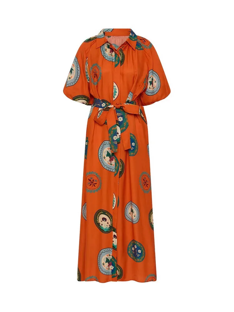 Vestido Maxi Camisa Laranja Estampado para Mulheres Verão com Manga Puff Curta e Cinto Autoajustável Casual Boho Longo