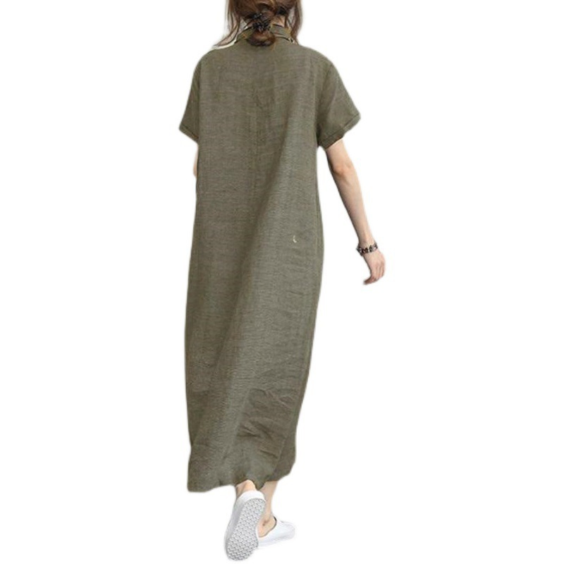 2023 Vestido Casual de Verão para Mulheres com Gola, Laço, Manga Curta, Camiseta de Algodão e Linho em Corte A