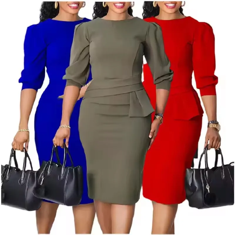 Vestido Formal Elegante de Comprimento Médio Casual Profissional de Manga Curta para Mulheres de Verão
