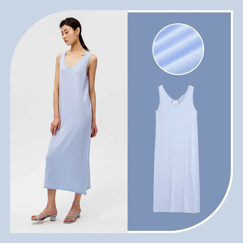 Vestido Longo Lino Solto Casual Oversized de Verão com Decote Quadrado Sem Mangas para Mulheres