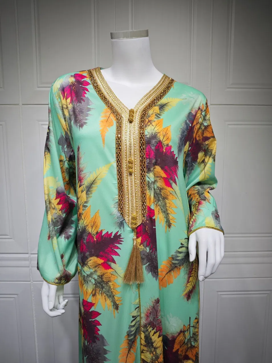 Novo Vestido Longo de Manga Longa Casual Estampado Elegante para Mulheres Muçulmanas