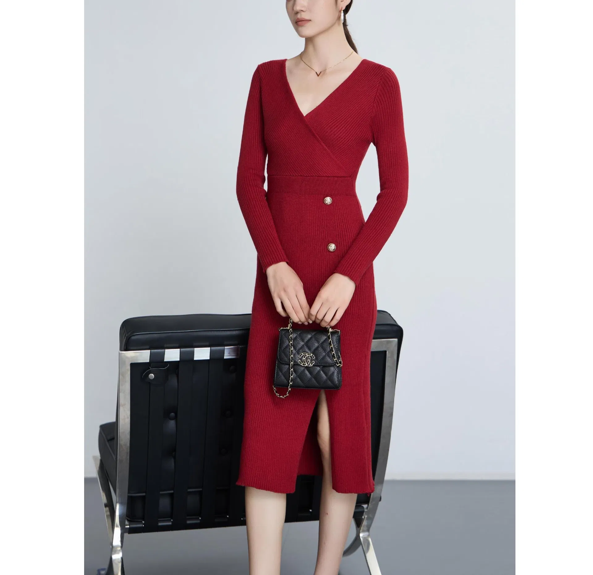 2025 Vestido de Malha Casual Feminino Midi
