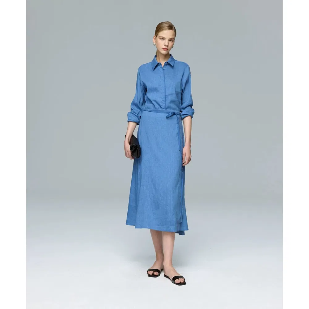 Vestido Midi Elegante Casual de Escritório em Linho e Rayon Importado para Mulheres, Conjunto de Camisa Envolvente, OEM ODM Atacado, Vestuário de Marca Personalizado
