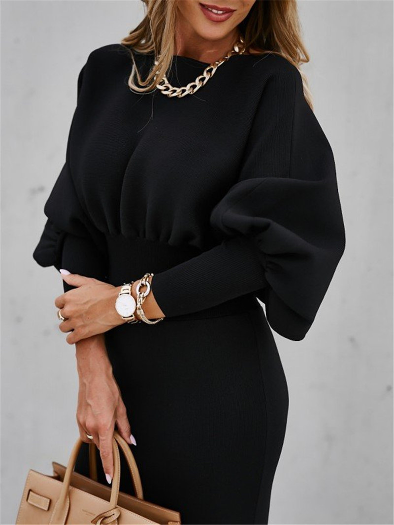 Fabricante de Roupas Personalizadas Vestido Casual Elegante A-Line Outono Inverno Vestidos MIDI Sólidos de Manga Longa para Mulheres