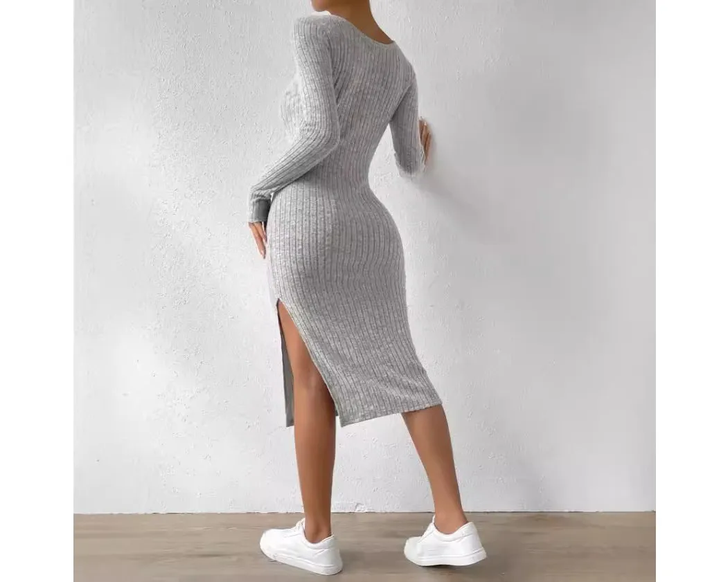 Americano Europeu Popular 2025spring Verão Novo Vestido Longo de Malha com Fenda de Manga Comprida e Gola Redonda Estilo Casual Justo Feminino