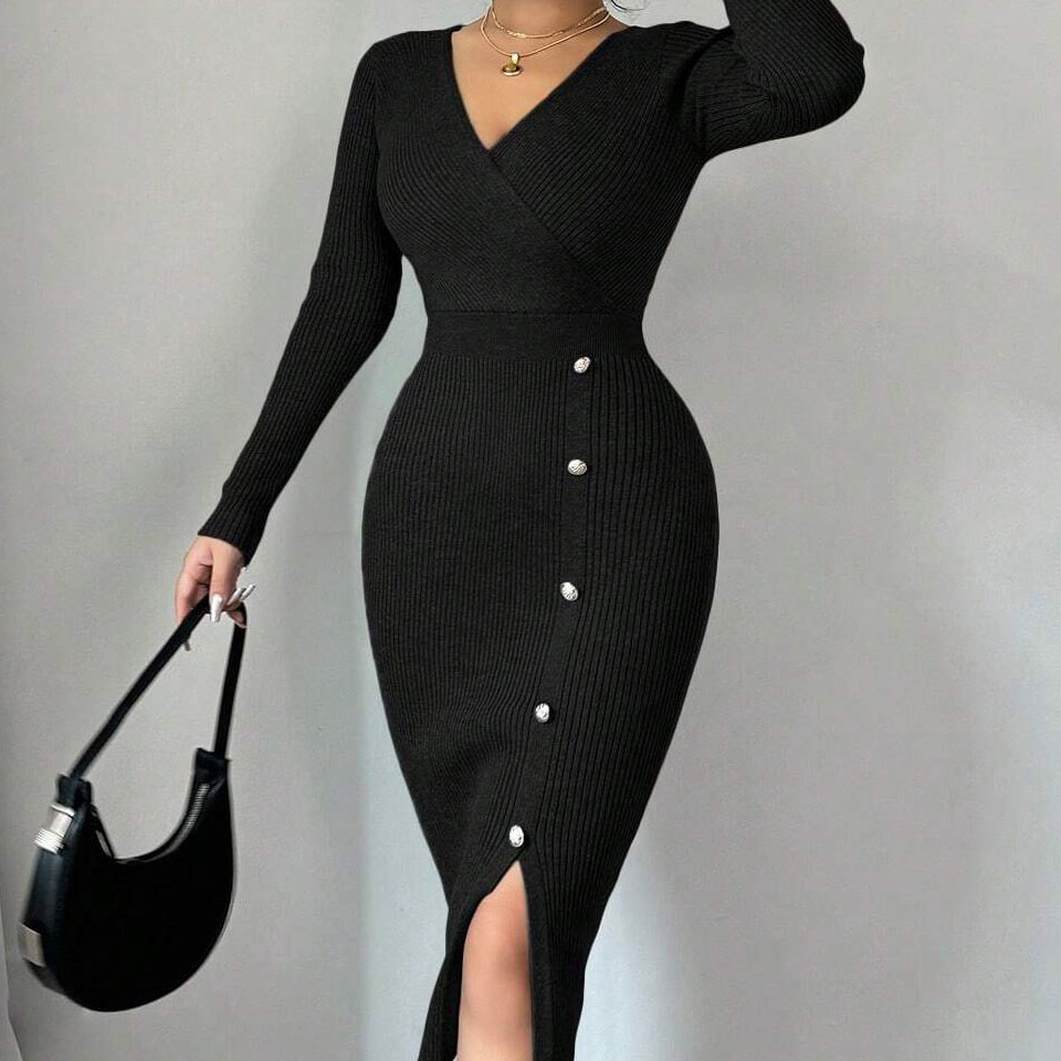 Vestido midi casual de malha com cintura natural em A francesa, com camada inferior justa e envoltório de quadril
