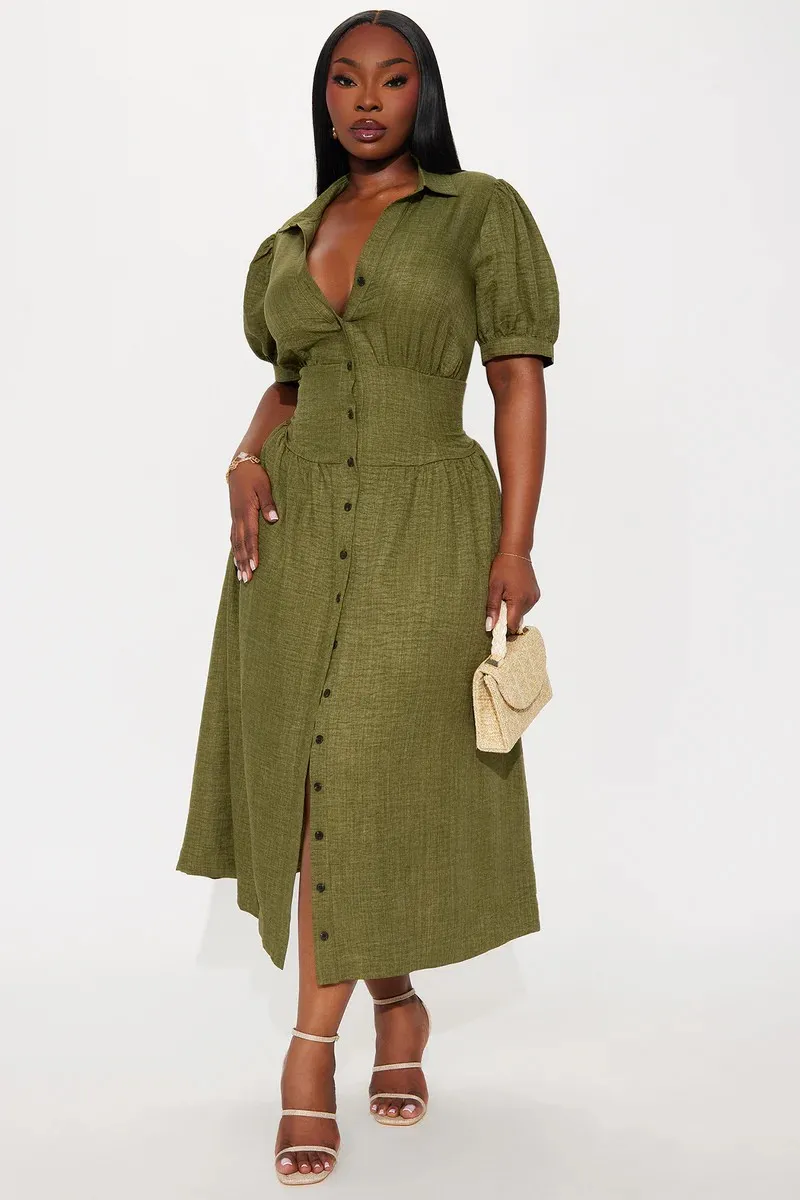 Vestido Maxi Longo de Linho Verde Oliva