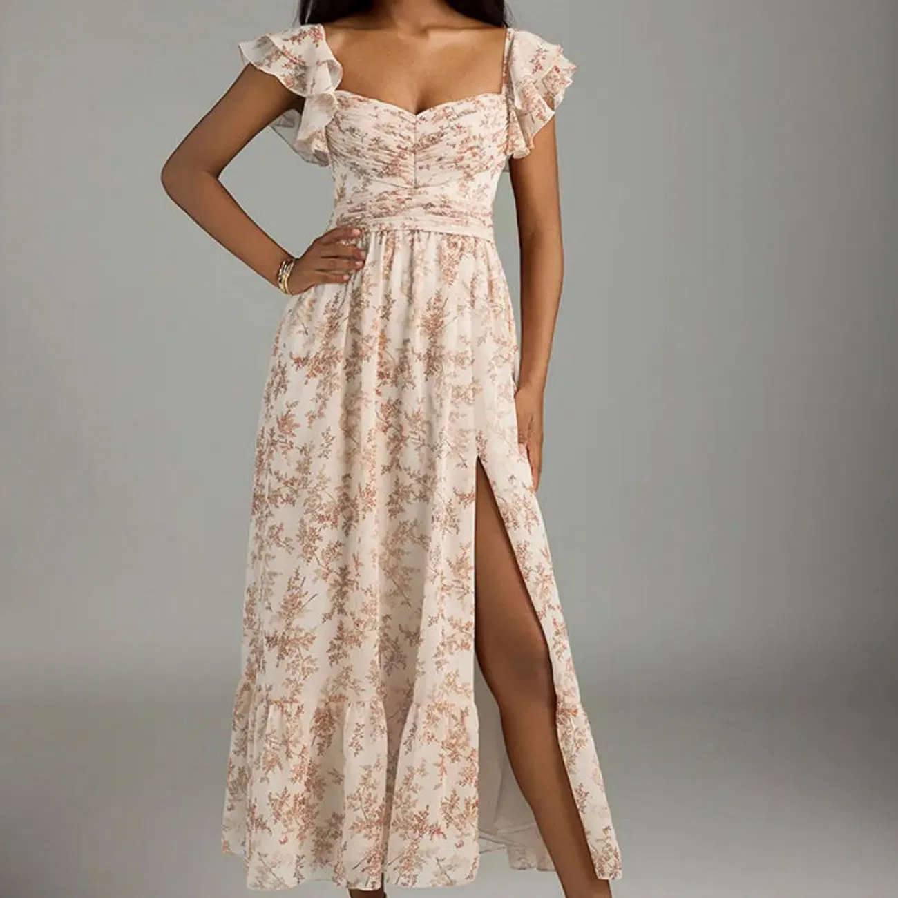 Fabricante de Roupas OEM Vestido Maxi Casual de Verão A-Line com Rendas, Cintura Elástica, Decote Coração e Impressão Digital Pink Fern Floral