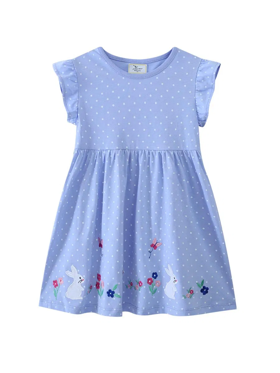 Vestido Infantil Estilo Europeu e Americano com Mangas Curtas em Algodão Puro, Tricotado, Bordado, Saia Casual de Princesa
