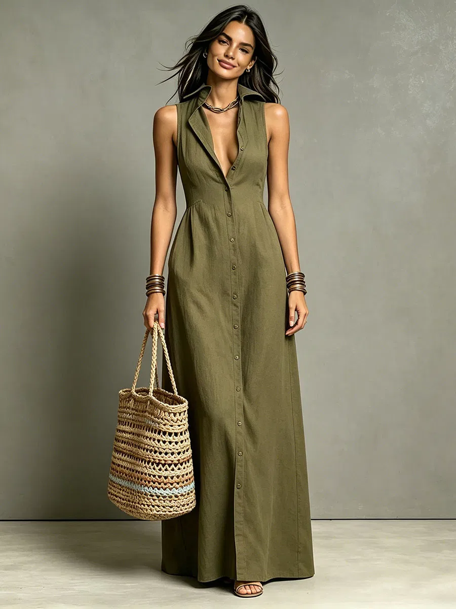 Vestido midi casual sem mangas com lapela e botões, em cor sólida, com bolsos