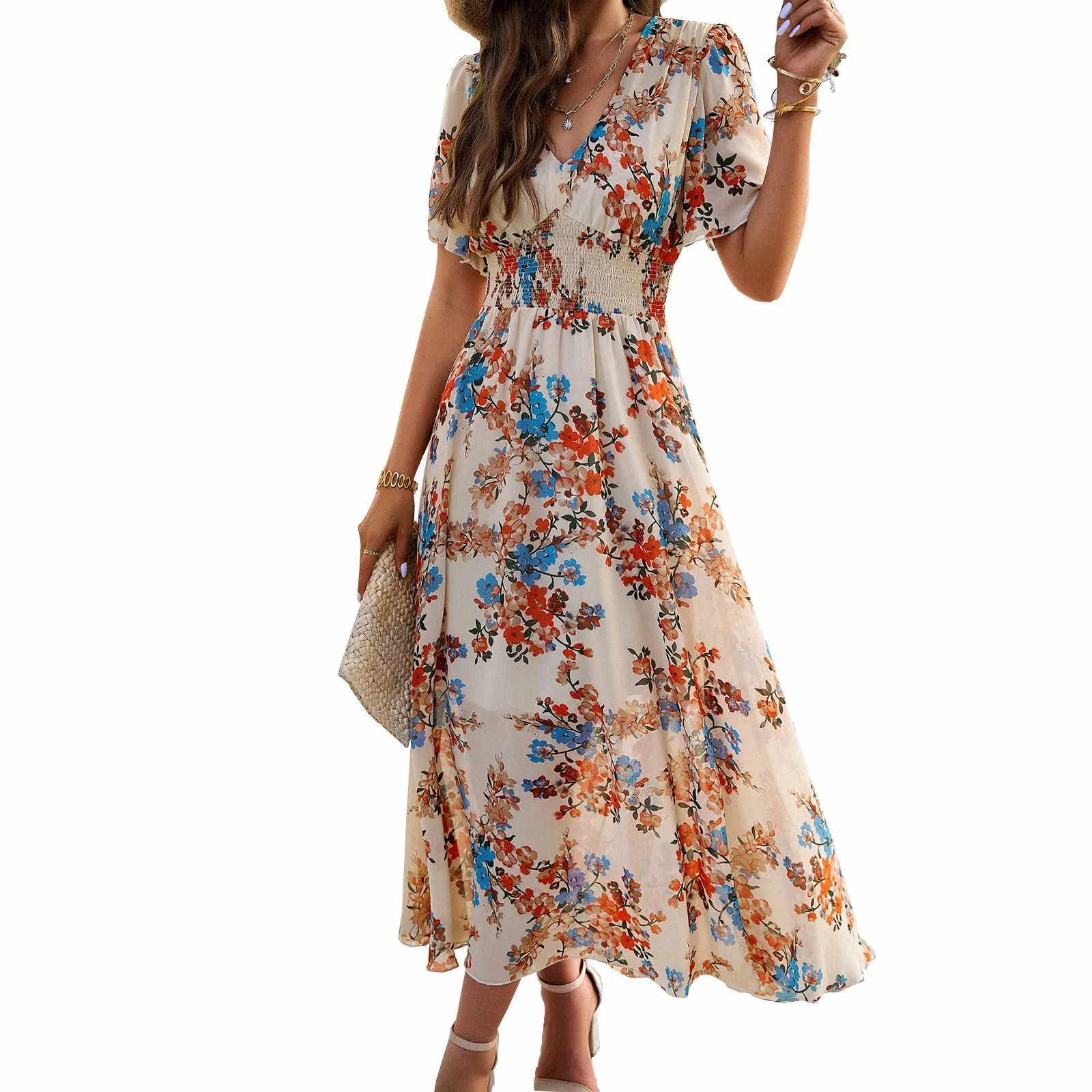 Vestido Floral com Decote em V para Mulheres, Casual, Solto, com Mangas Curtas, Cintura Alta, Vestidos para Mulheres, Envolvente, Vestido Feminino de Guangzhou