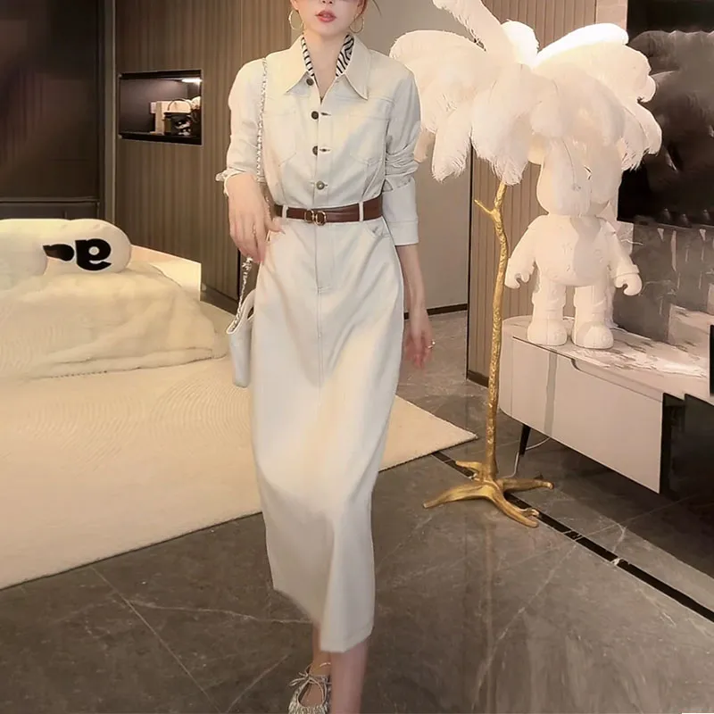 Novo Estilo Roupas de Trabalho Estilo Casual Blusa de Jeans Vestido