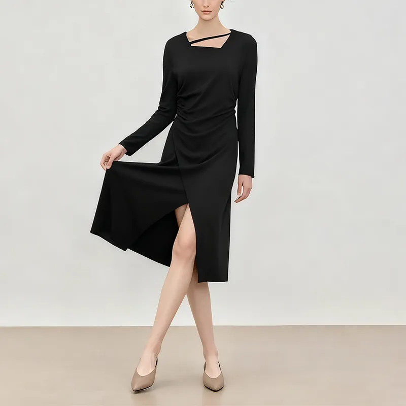 Vestido Casual Longo de Manga Longa com Gola Média e Decote Quadrado