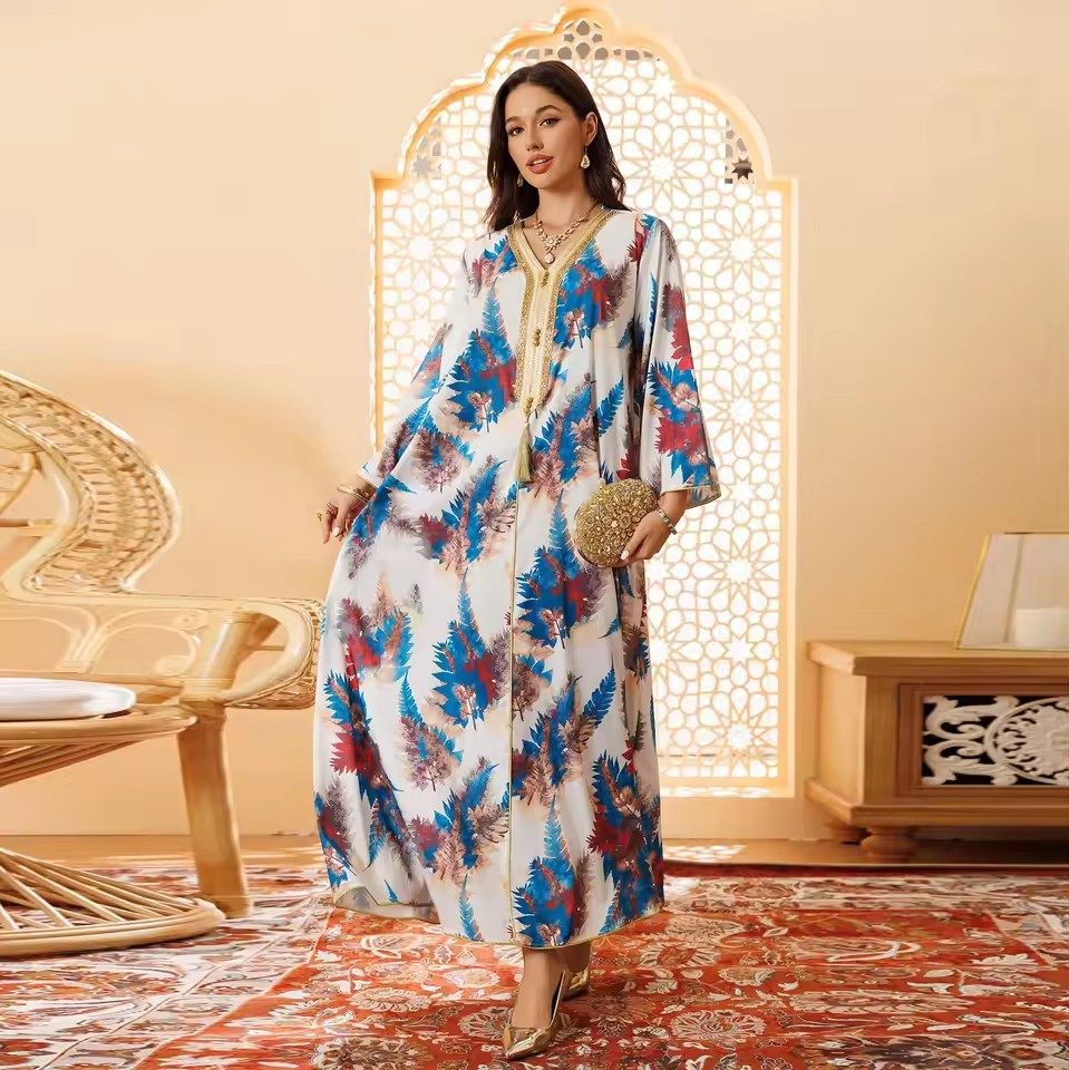 Novo Vestido Longo de Manga Longa Casual Estampado Elegante para Mulheres Muçulmanas