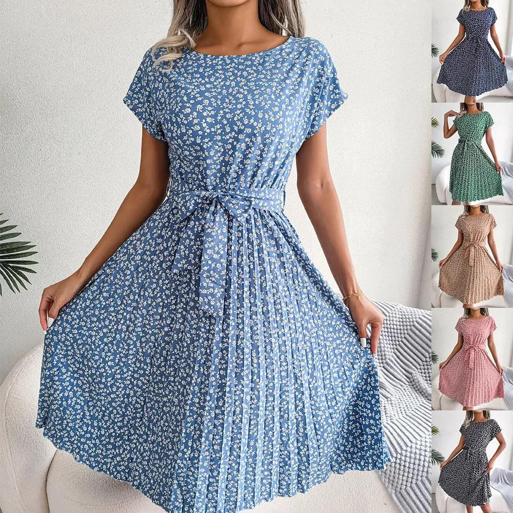 Vestido de menina floral plissado de manga curta casual de primavera e verão