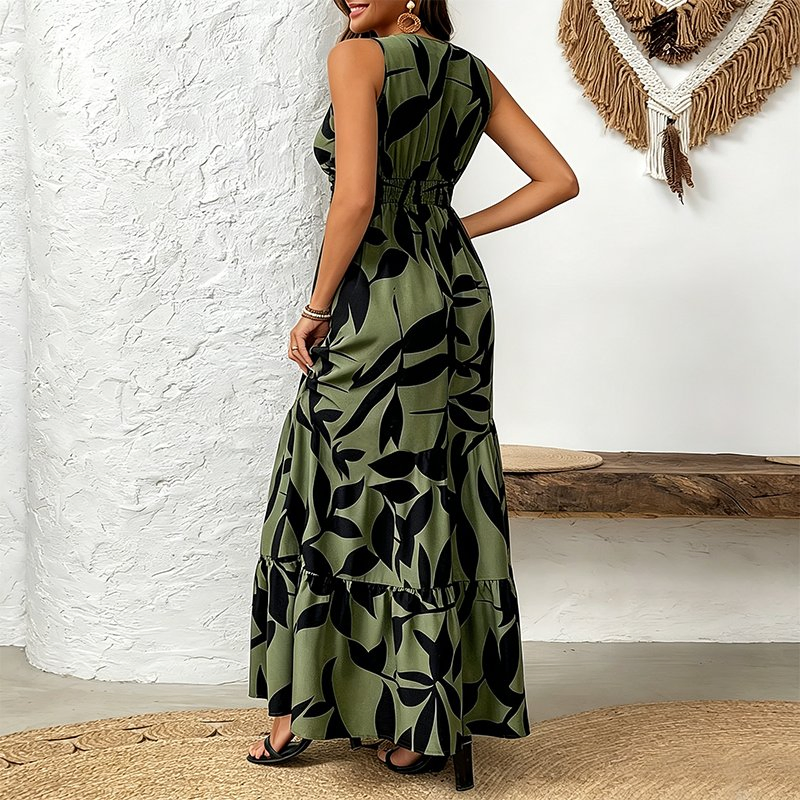 Vestido Maxi Sem Mangas com Estampa de Folhas Verdes Boho, Decote em V, Frente Torcida, Cintura Alta, Fluido, em Camadas, Casual de Verão para Praia