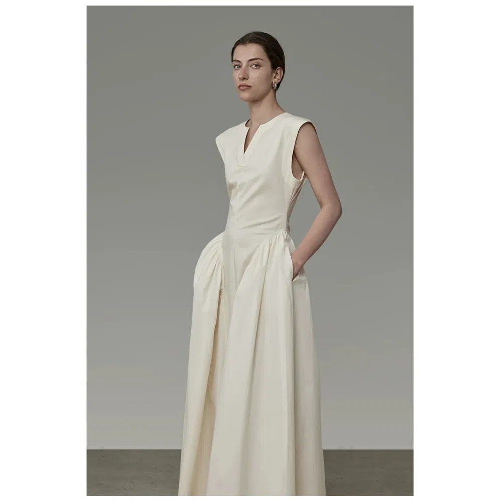 Vestido Maxi Branco de Algodão Sem Mangas para Trabalho Escritório Casual Personalizado Elegante para Mulheres Novo Design