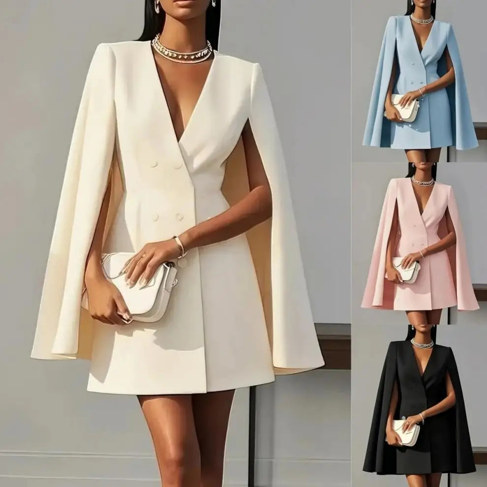 Vestido de Blazer Sólido para Mulheres, Comutador, Escritório, Dupla Frente, Cintura, Festa, Elegante, Decote em V, Manga de Capa, Roupas Femininas, Vestido Casual MIDI