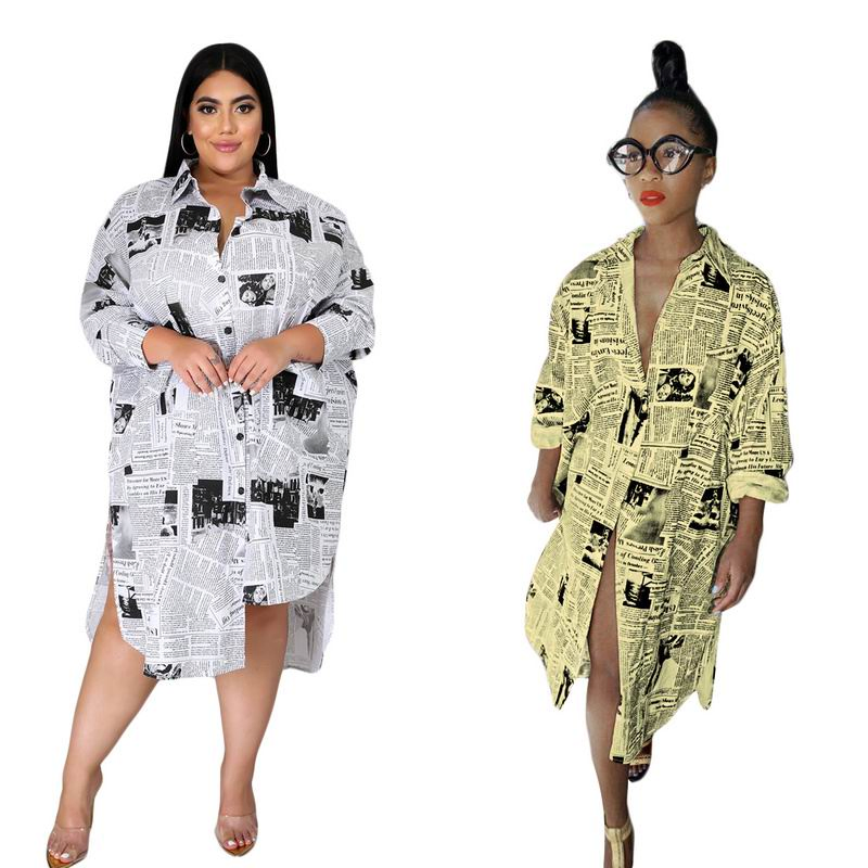 Vestido Feminino Estampado com Botões, Manga Longa, Vestido Casual tipo Camisa