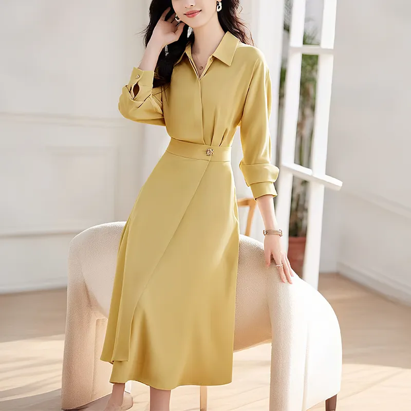 Camisa de Negócios Casual de Manga Longa Elegante com Design de Vestido em A-Line