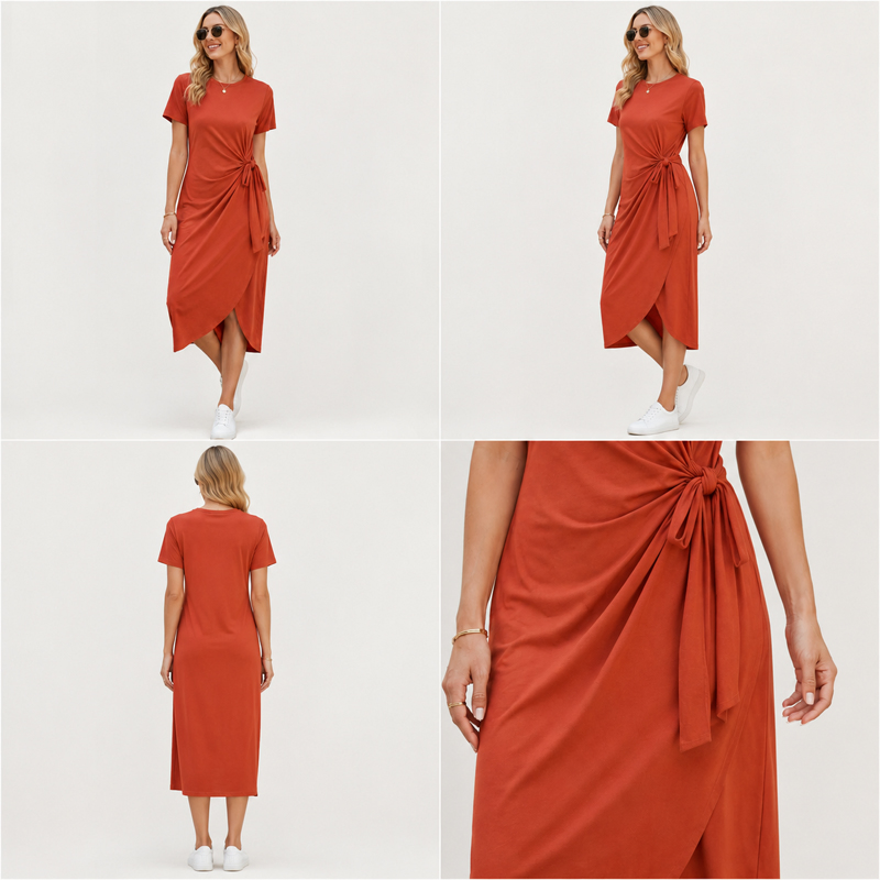 Vestido Casual de T-Shirt com Gola Redonda em Estoque Pronto para Vendas E-Commerce e Pedidos de Baixa Quantidade