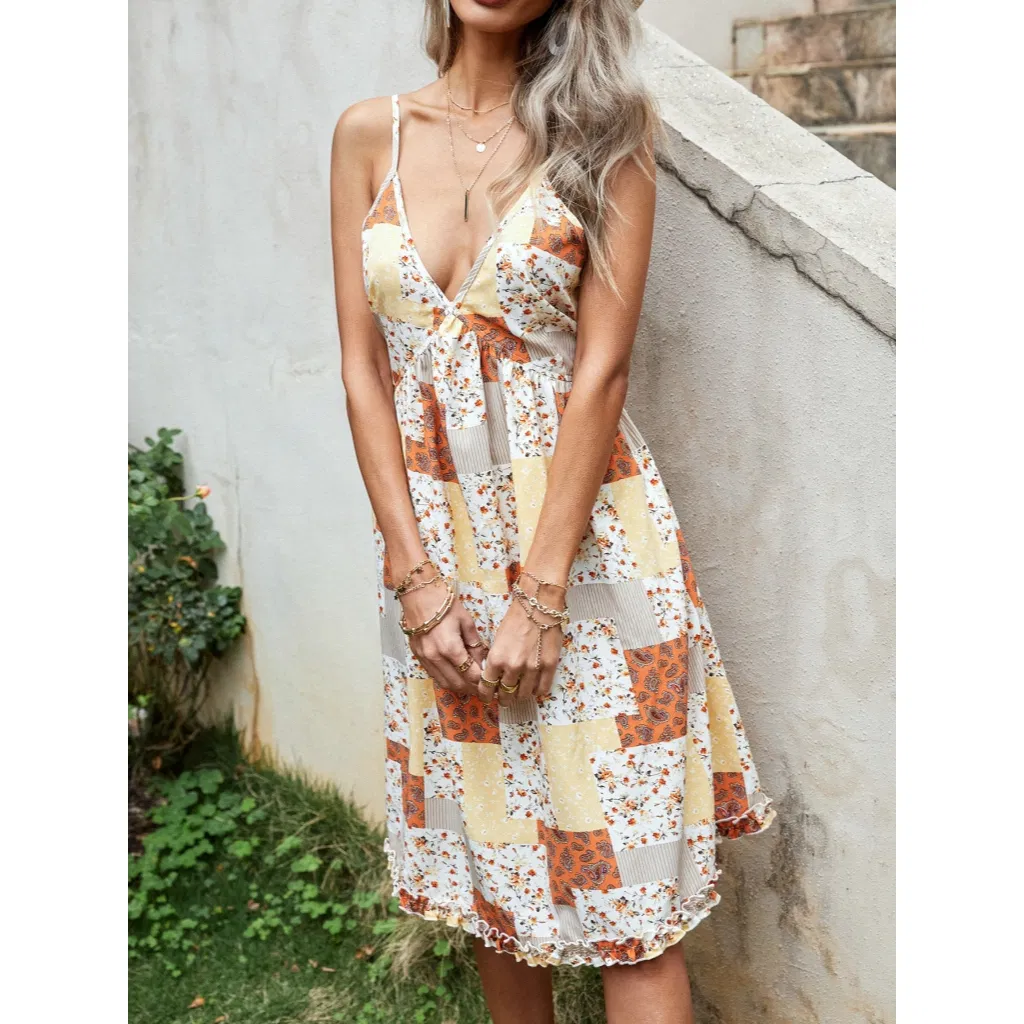 Vestido Midi Feminino Casual de Verão com Estampa Floral, Alças Finas e Solto