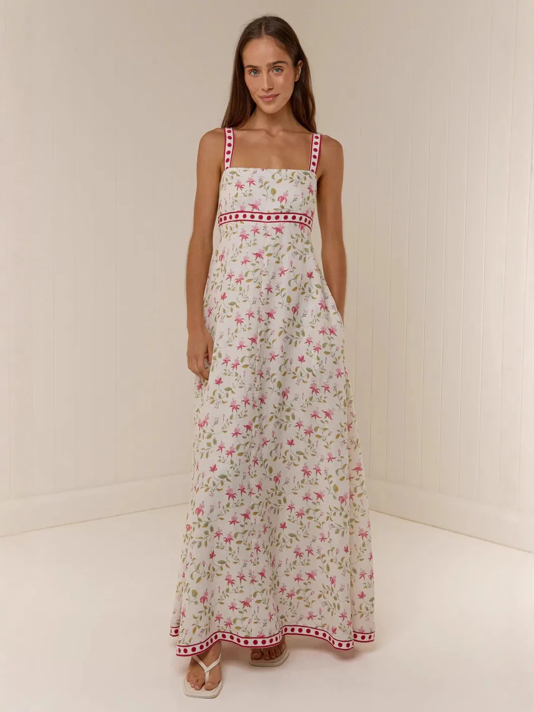 Vestido Maxi Floral Feminino Sem Mangas Decote Quadrado Com Detalhes em Contraste Casual Verão Longo Vestido Slip