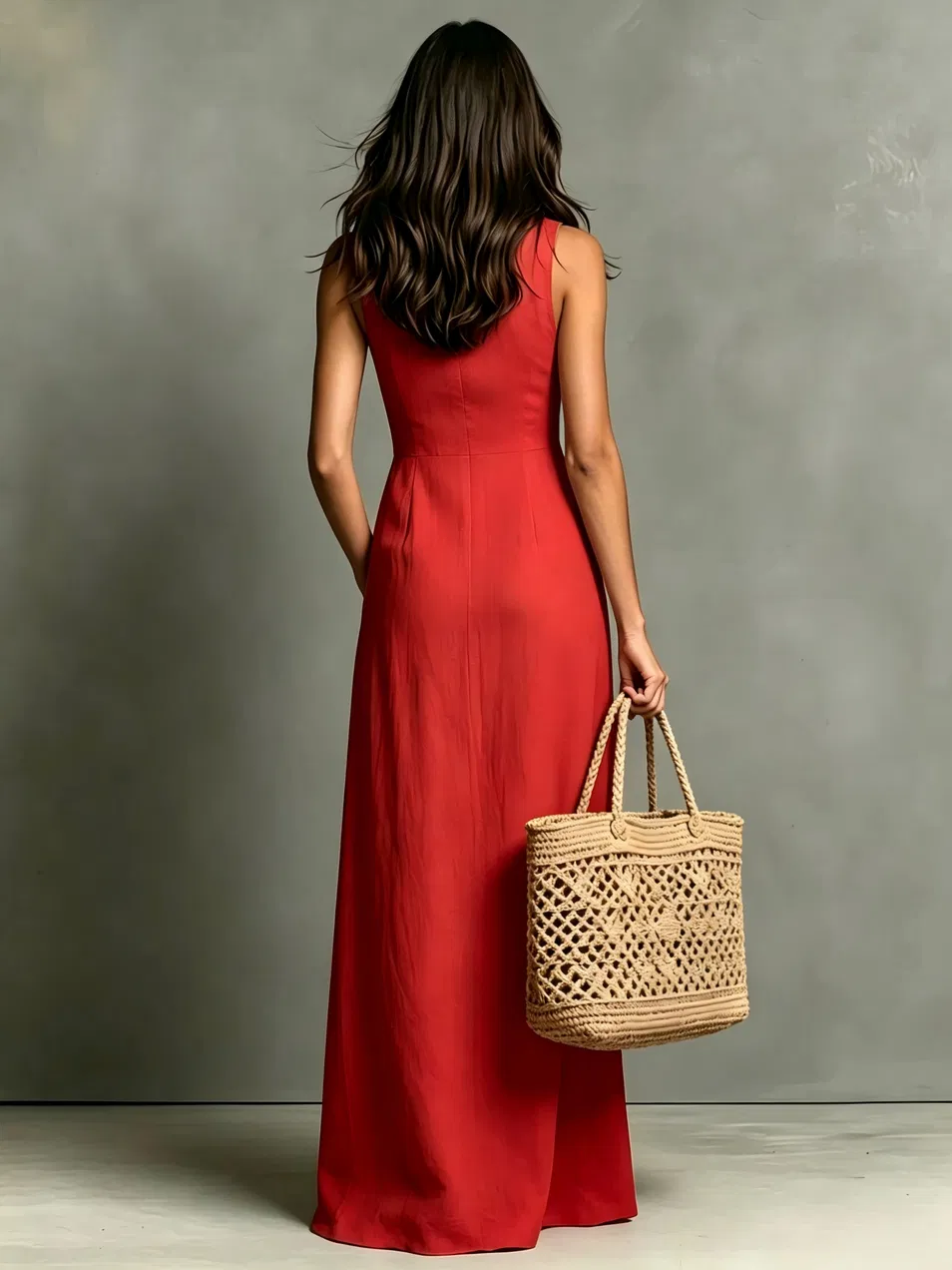 Vestido midi casual sem mangas com lapela e botões, em cor sólida, com bolsos
