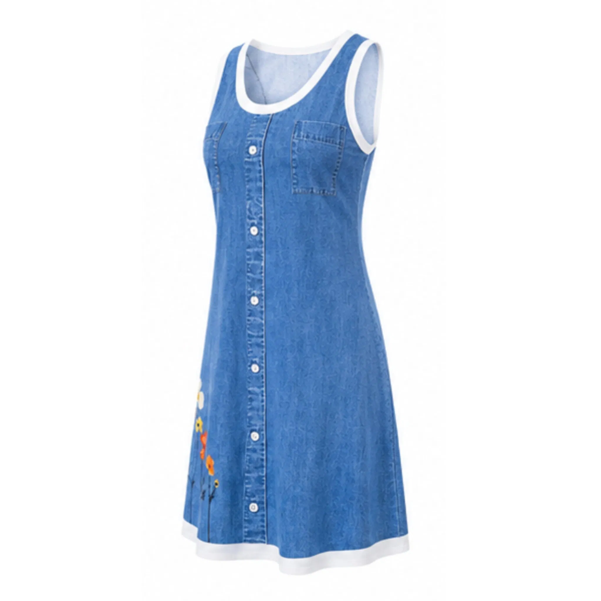 Vestido Mini Sem Mangas de Denim para Mulheres com Padrão Floral, Bolso, Bordas Brancas, Casual, Diário, Personalizado