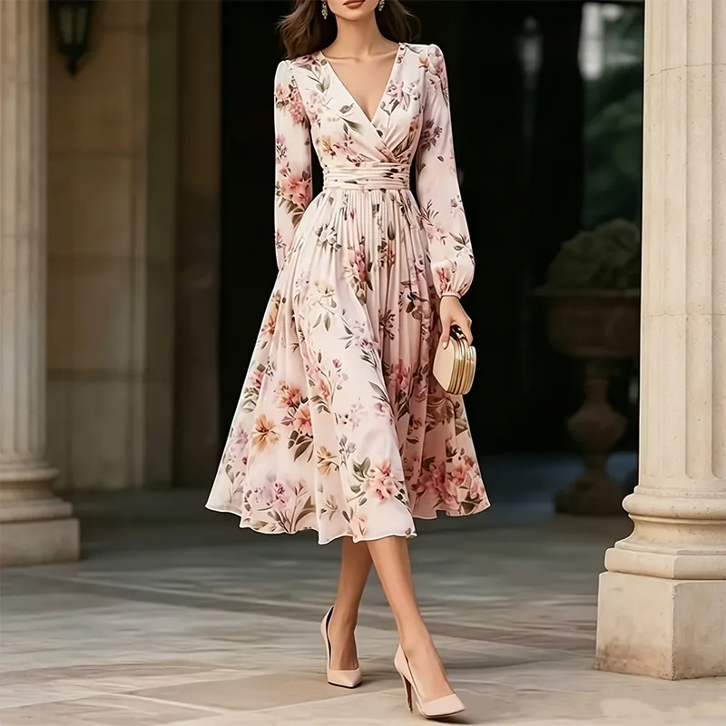 Vestido Midi Chiffon com Estampa Floral, Manga Longa, Decote em V, Cintura Reunida, A Linha, Casual, para Escritório, Convidada de Casamento, Vestido de Verão