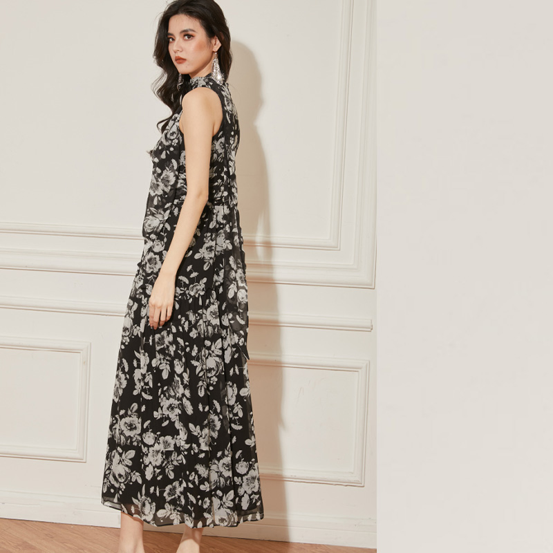 Último Vestido Longo Casual Vintage para Mulheres, Vestido Maxi de Chiffon Floral Estampado para Praia Boho
