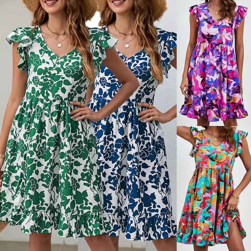 Vestido Casual Midi Feminino de Verão com Padrão de Folhas em Poliéster de Alta Qualidade, Decote em V, Com Babados, Mangas Curtas, Solto na Cintura, Estilo de Férias