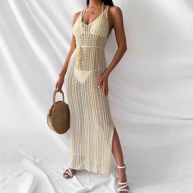 Vestido de Praia Tricotado Longo Ocasional Solto para Mulheres com Recortes Hollow-out de Verão