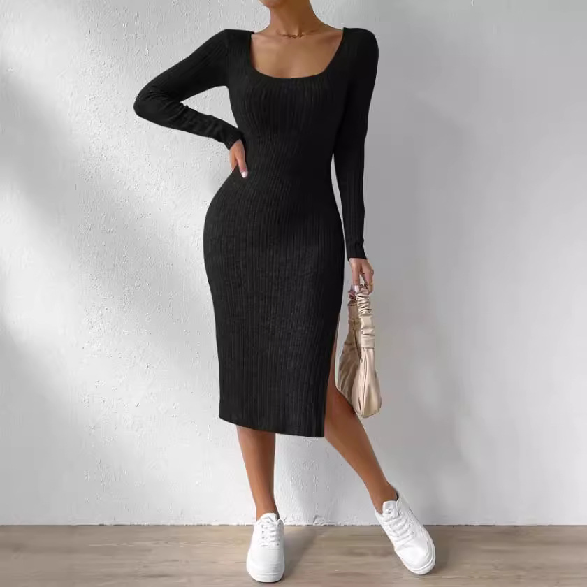 Americano Europeu Popular 2025spring Verão Novo Vestido Longo de Malha com Fenda de Manga Comprida e Gola Redonda Estilo Casual Justo Feminino