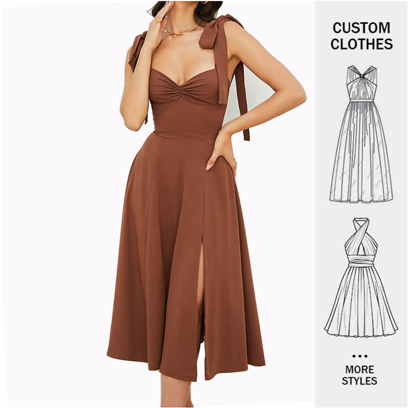 Fabricante de Roupas Personalizadas Vestidos de Festa Midi com Decote em V Elegantes Casuais com Renda e Fenda para Mulheres