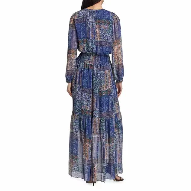 Vestido Maxi V-Neck Casual Boho Vintage com Botão Frontal e Cintura Elástica Estampado para Mulheres Retro Chic